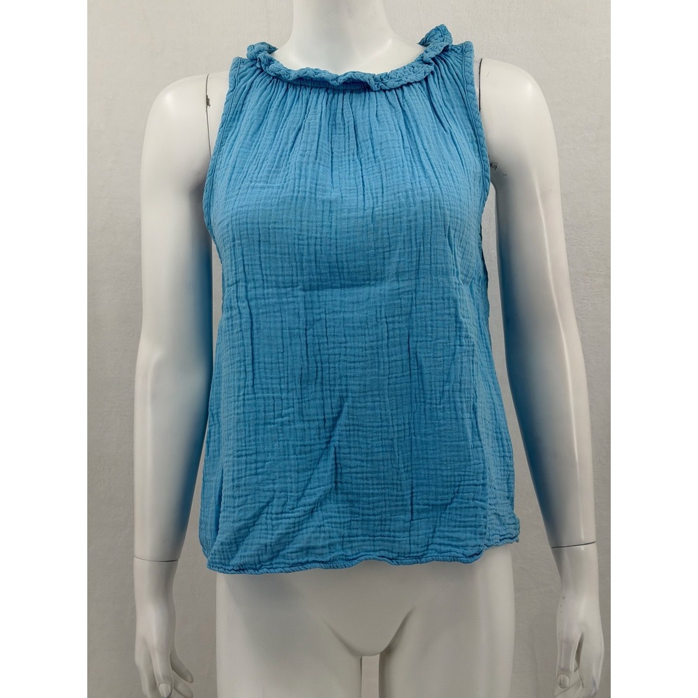 Xirena Top Womens Small Blue Ruffle Neck Sleeveless Boho Gauze Cotton Coastal